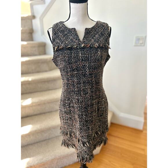 Nanette Lepore Brown & Black Tweed Fringe Sheath Dress - Picture 1 of 9